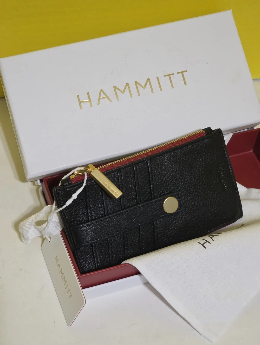 Hammitt Black Leather Card Wallet with Red Zipper and Gold Hardware - Picture 1 of 4